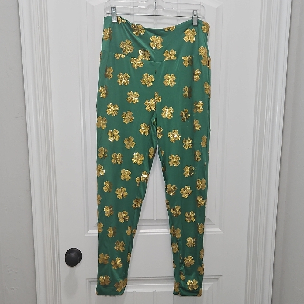 Tipsy Elves Gold Clover Sequin Leggings New